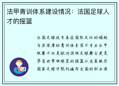 法甲青训体系建设情况：法国足球人才的摇篮