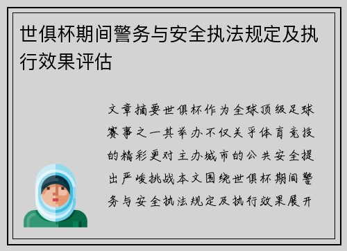世俱杯期间警务与安全执法规定及执行效果评估